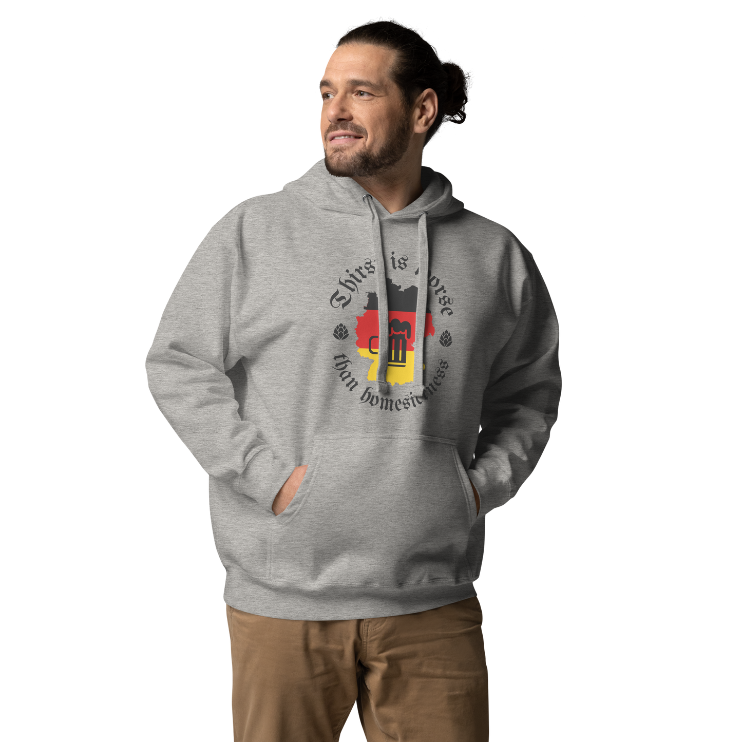 Man wearing gray hoodie depicting Germany, beer, and humorous phrase.