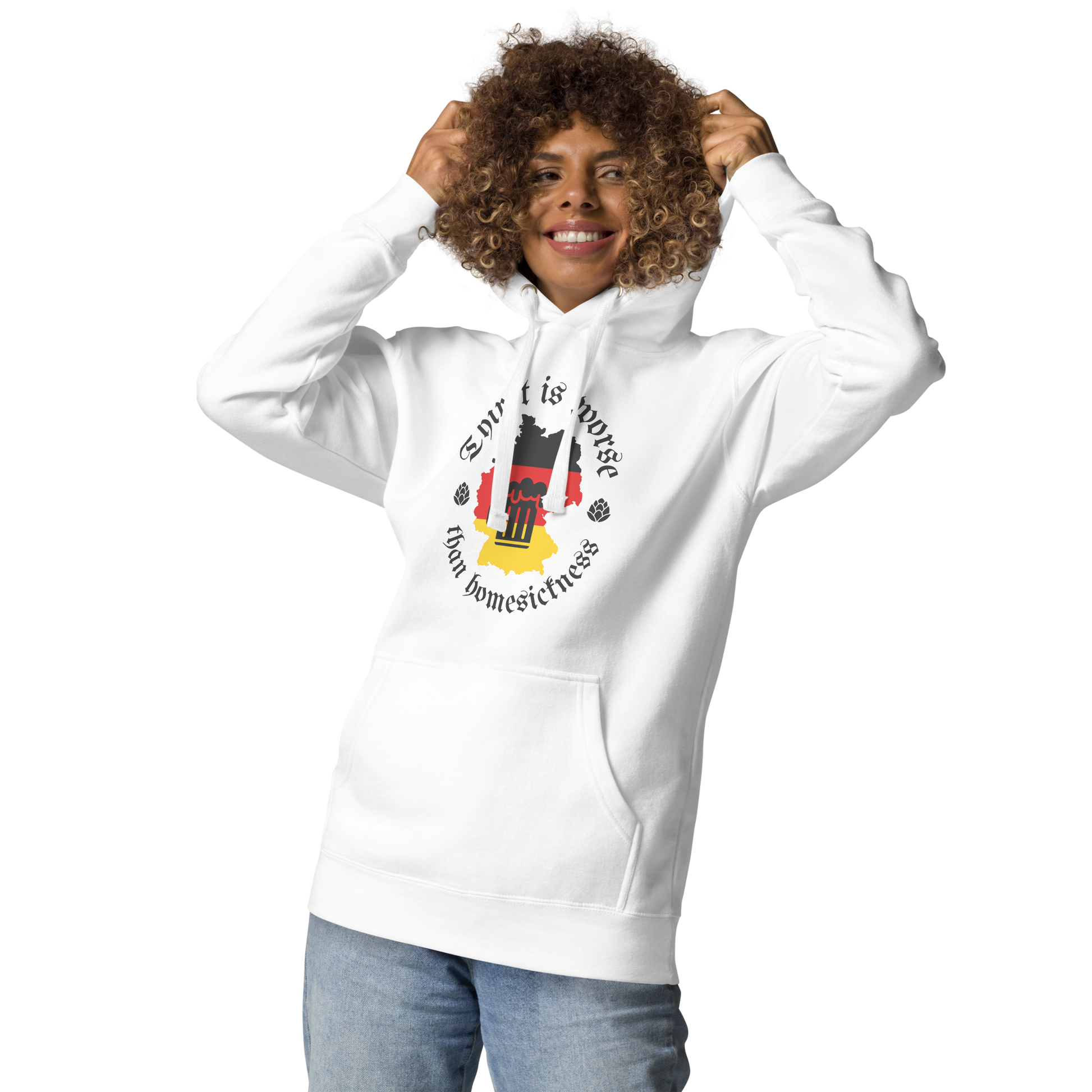 Woman wearing white hoodie depicting Germany, beer, and humorous phrase.