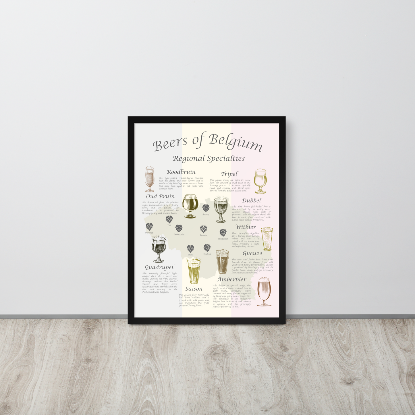 Belgian beer map art print in a black wooden frame resting on the ground against the wall.