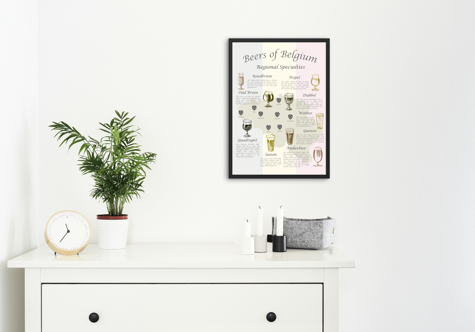 Belgian beer map art print hanging above a dresser in a modern home.