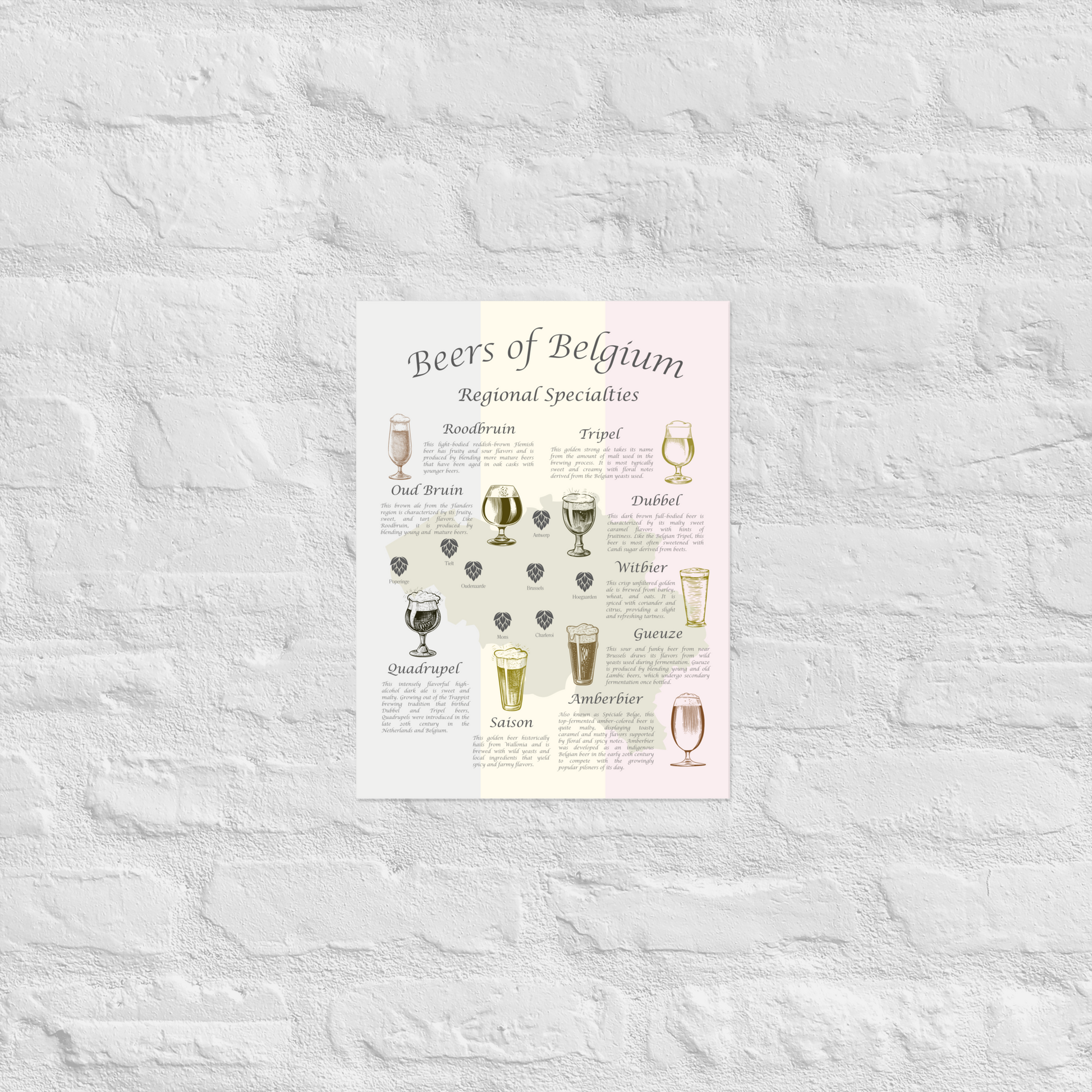 Belgian beer map art print hanging on a white brick wall.