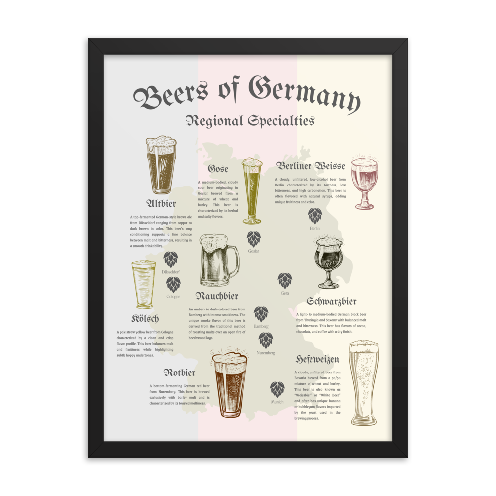 Beer map art print depicting iconic German beer styles by region in a black wooden frame.