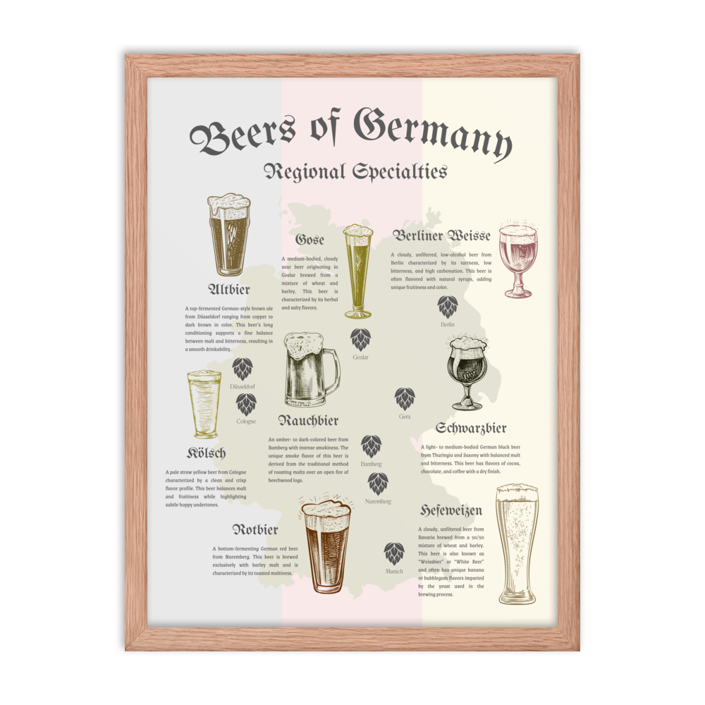 Beer map art print depicting iconic German beer styles by region in a natural wooden frame.