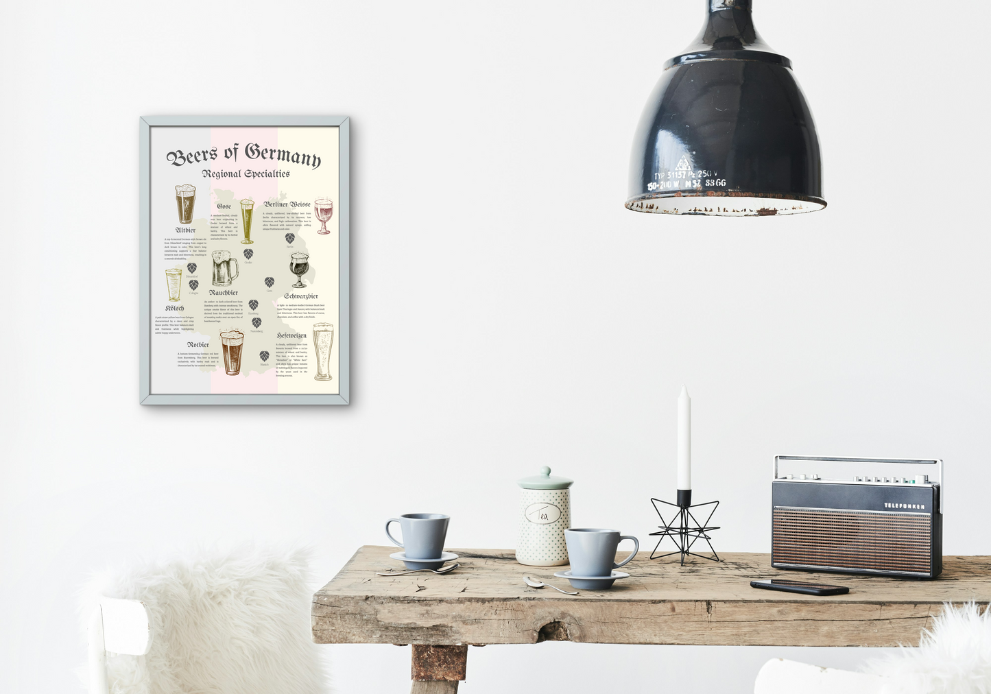 German beer map art print hanging on the wall in a home with modern industrial style decor.