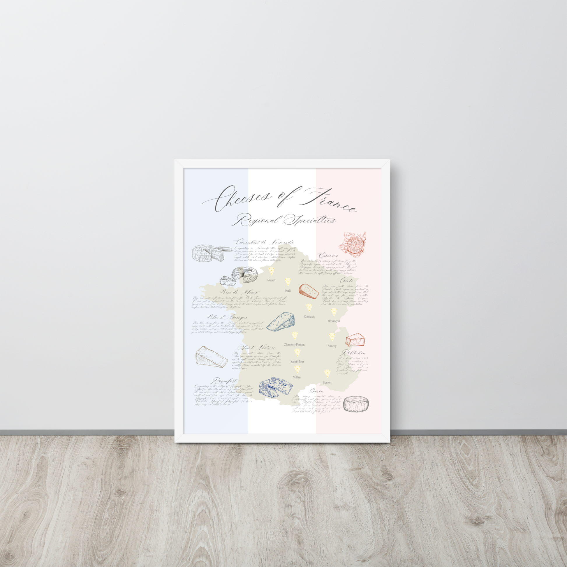 French cheese map art print in a white wooden frame resting on the ground against the wall.