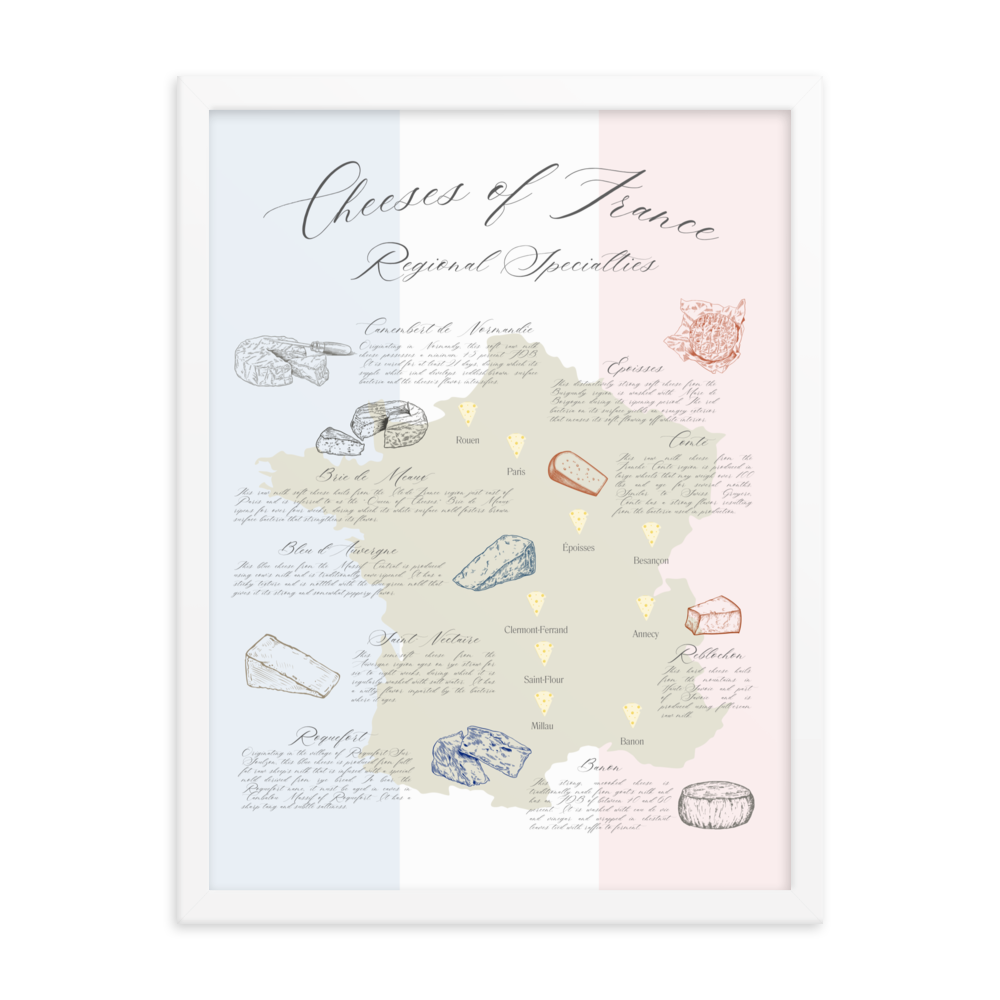 Cheese map art print depicting iconic French cheese styles by region in a white wooden frame.