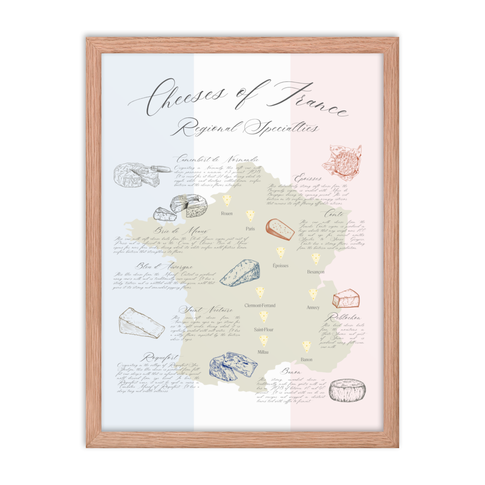 Cheese map art print depicting iconic French cheese styles by region in a natural wooden frame.