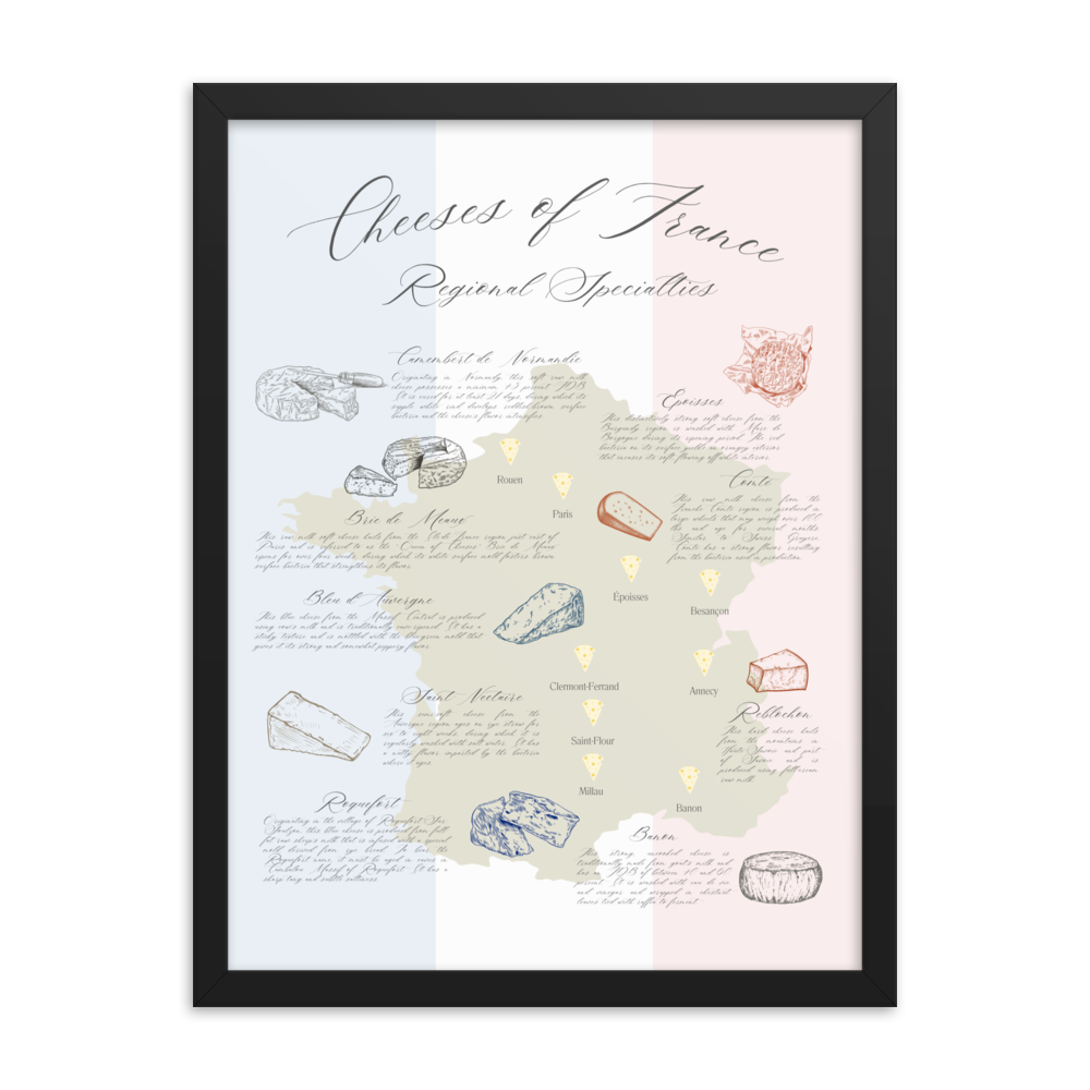 Cheese map art print depicting iconic French cheese styles by region in a black wooden frame.