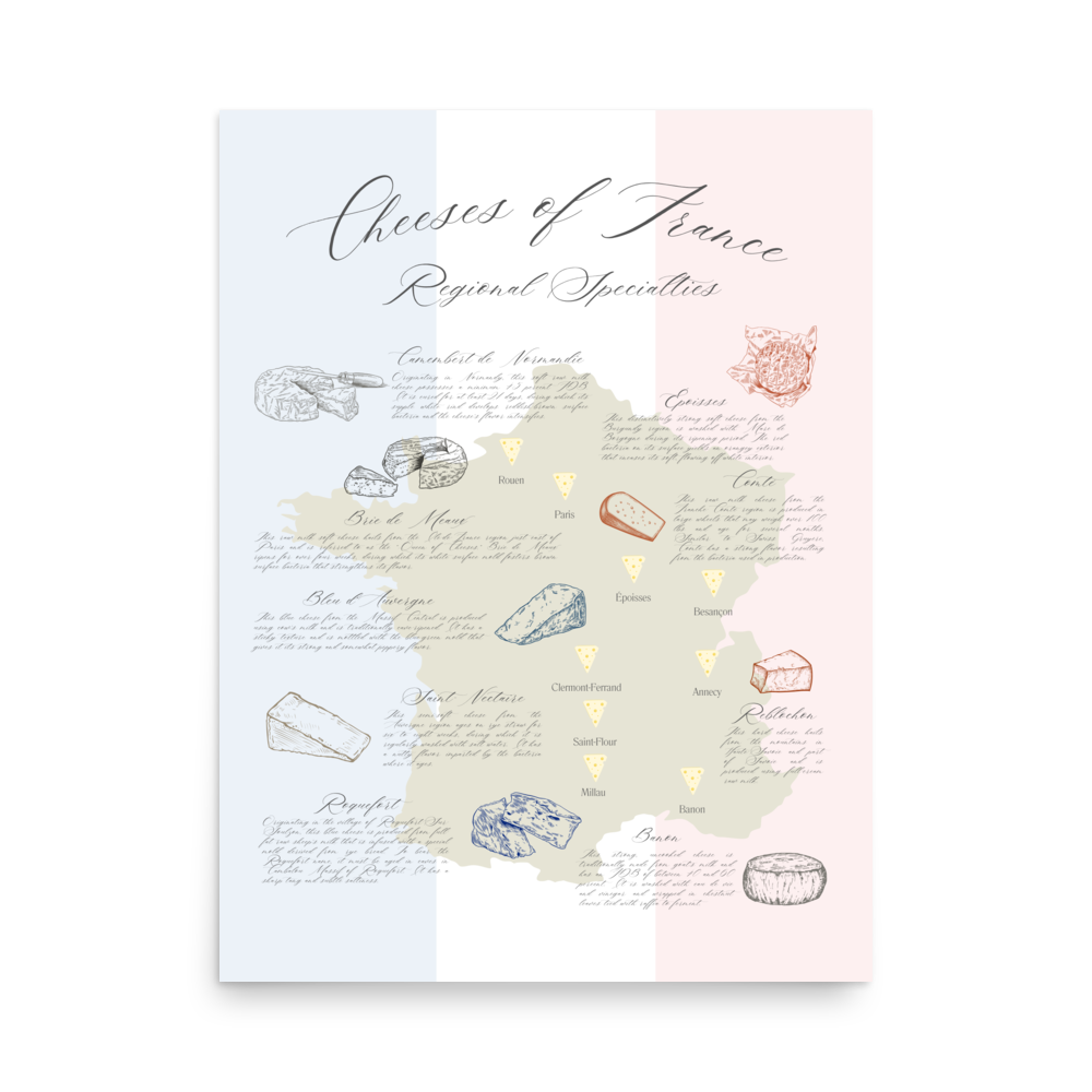 Cheese map art print depicting iconic French cheese styles by region.