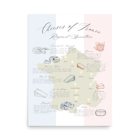 Cheese map art print depicting iconic French cheese styles by region.