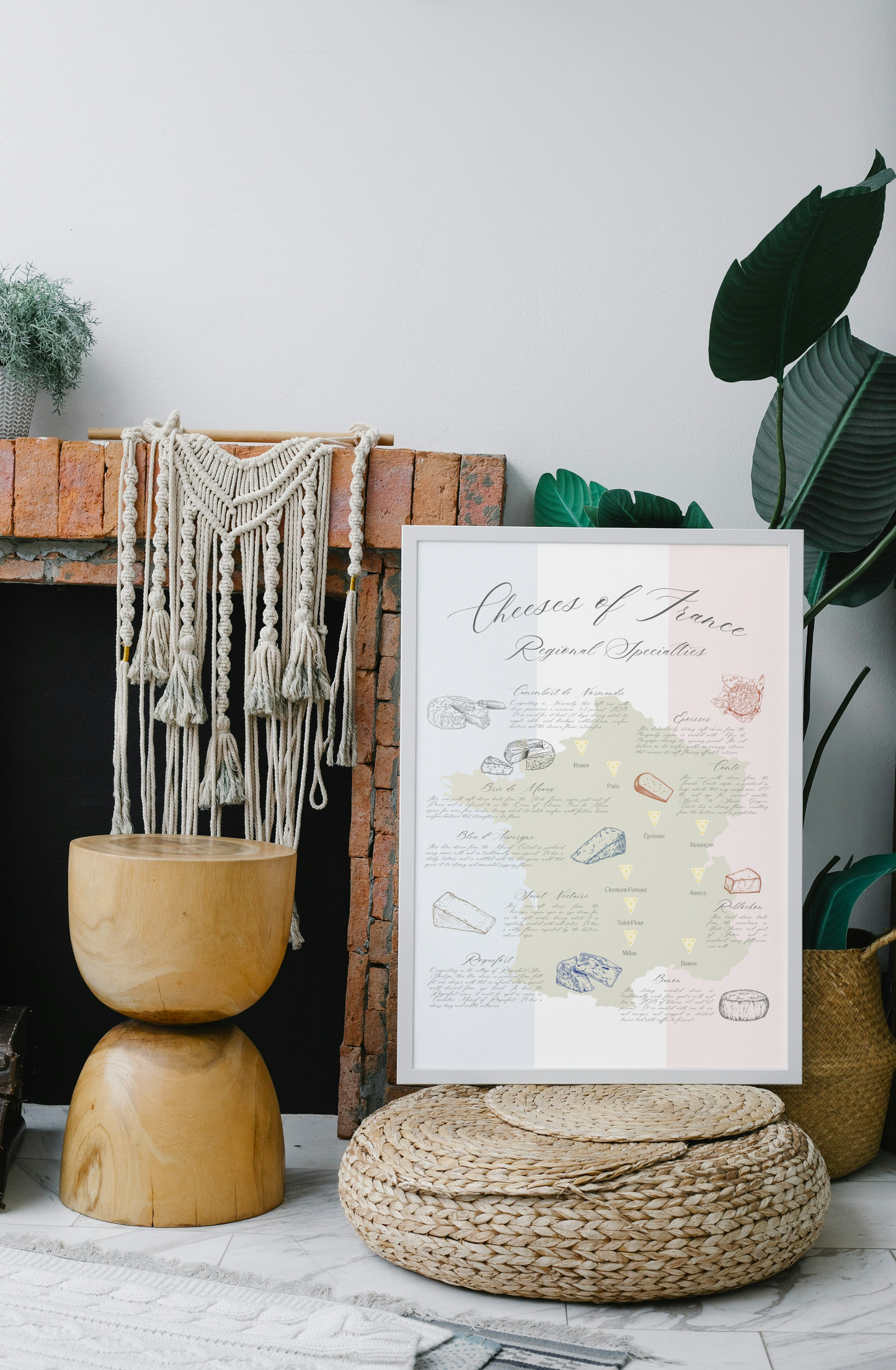 French cheese map art print resting amongst natural colored home decor.