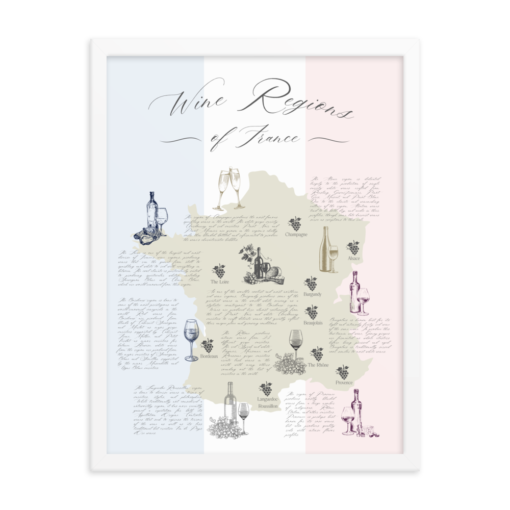 Wine map art print depicting iconic French wines by region in a white wooden frame.