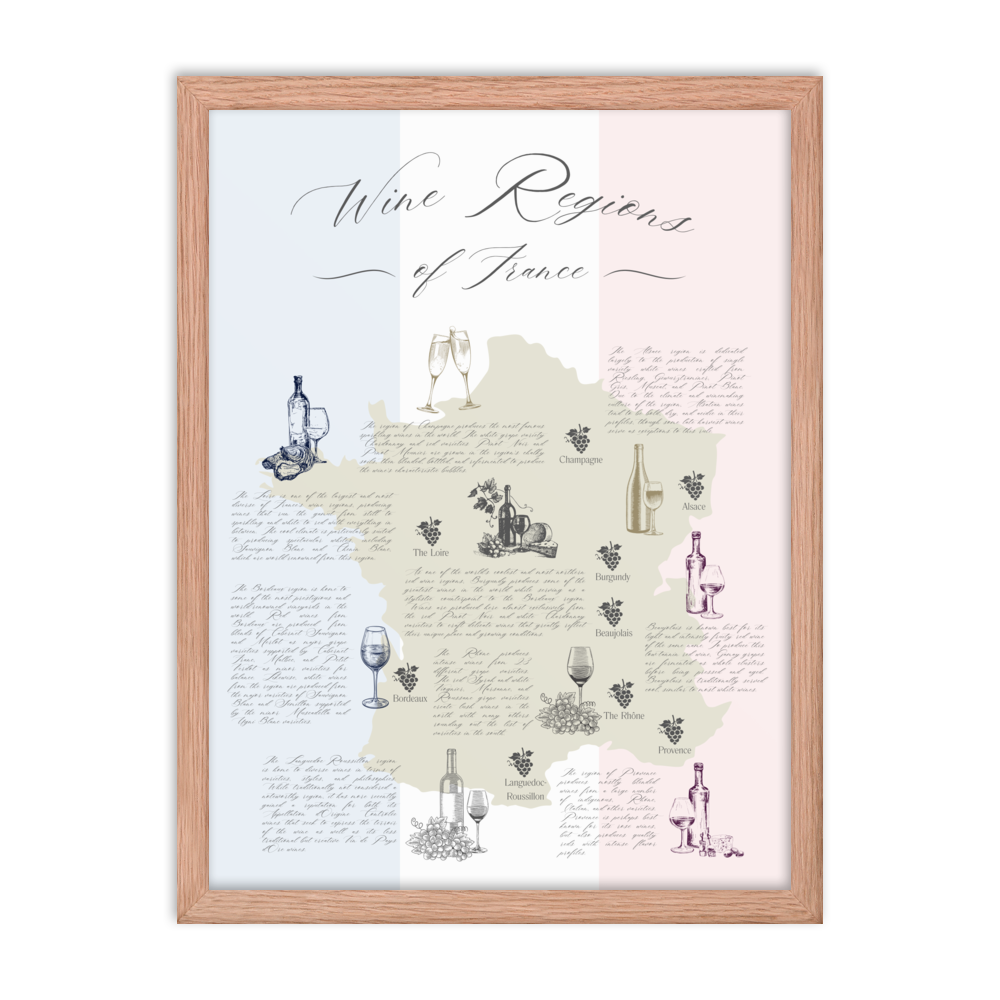 Wine map art print depicting iconic French wines by region in a natural wooden frame.