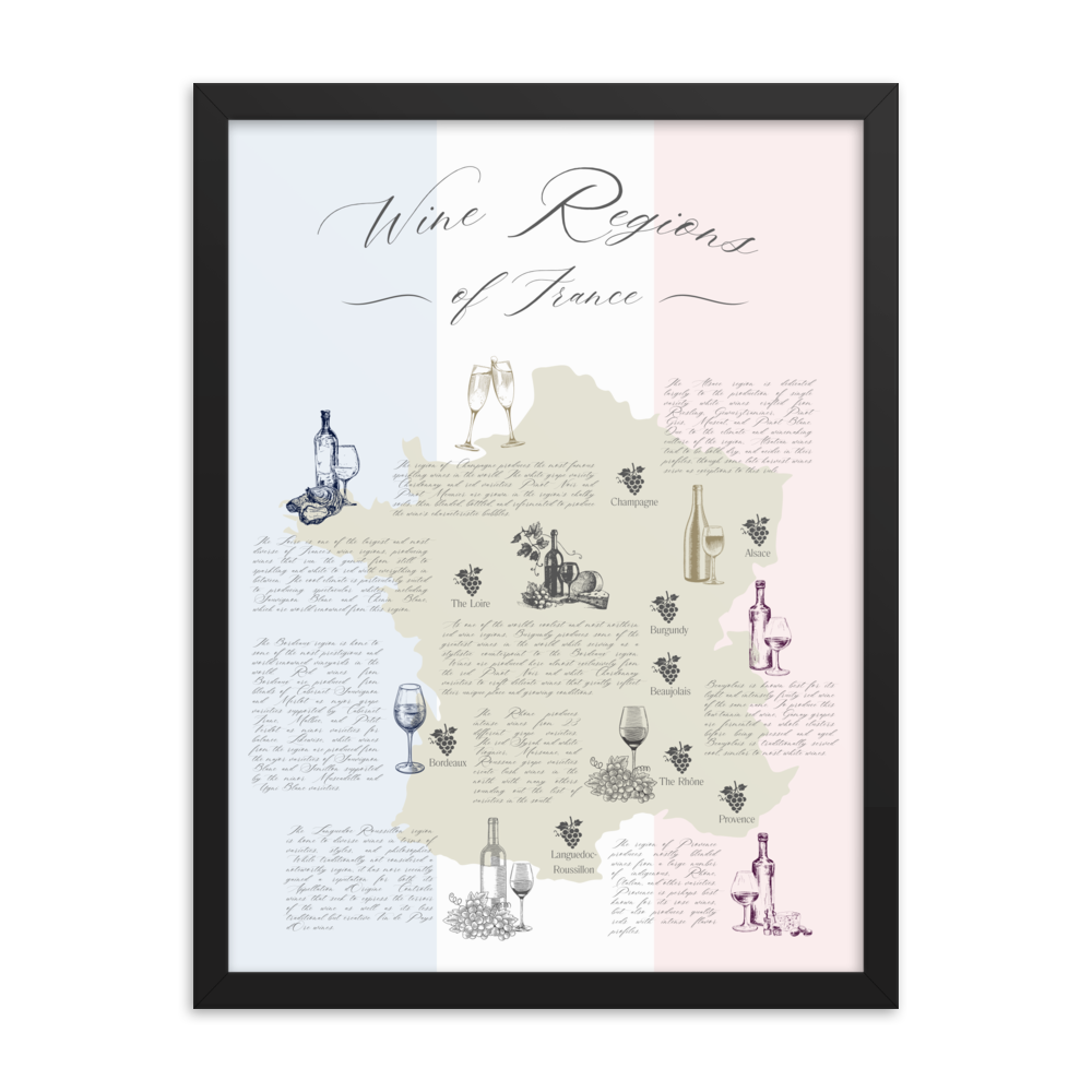 Wine map art print depicting iconic French wines by region in a black wooden frame.