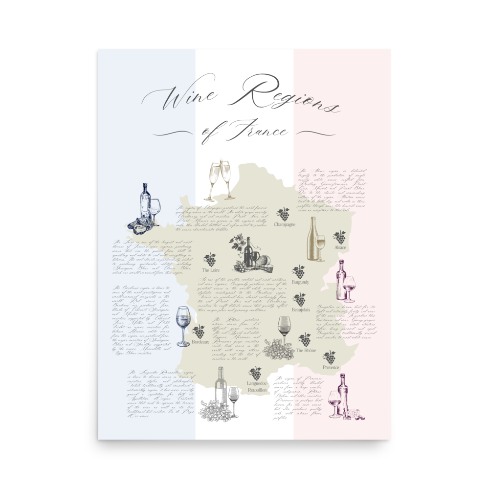 Wine map art print depicting iconic French wines by region.