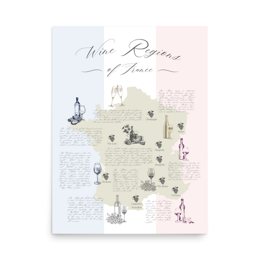 Wine map art print depicting iconic French wines by region.